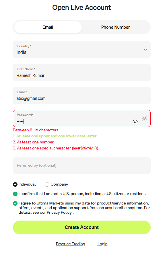 Ultima Markets Open Live Account form with country, first name, email and password fields and a Create Account button