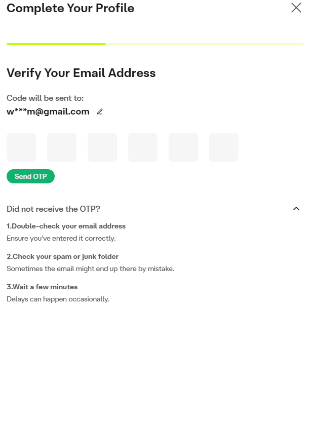 Ultima Markets Complete Your Profile screen asking to verify your email address with a six-digit OTP code