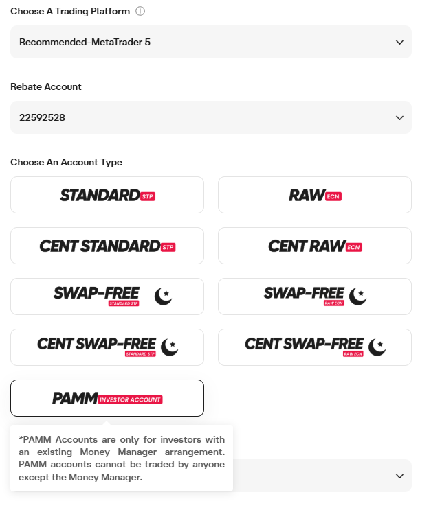 Ultima Markets open account form: MetaTrader 5 platform, rebate account 22592528, and the account type grid with Standard STP and PAMM Investor Account options